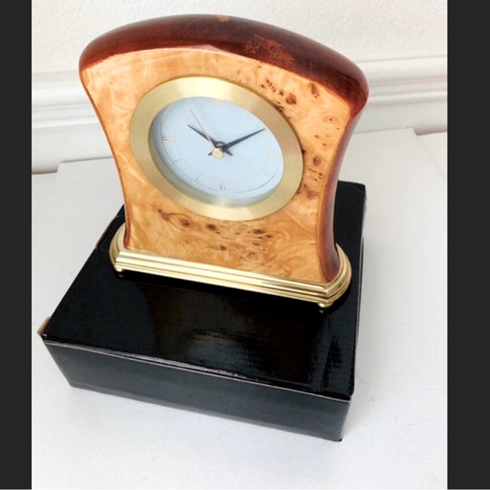 Desktop Clock Burl-Wood And Brass New In Box
